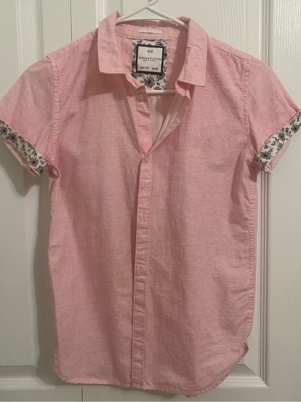 Kid’s Pink Short-Sleeve Button-Down Shirt with Floral Trim